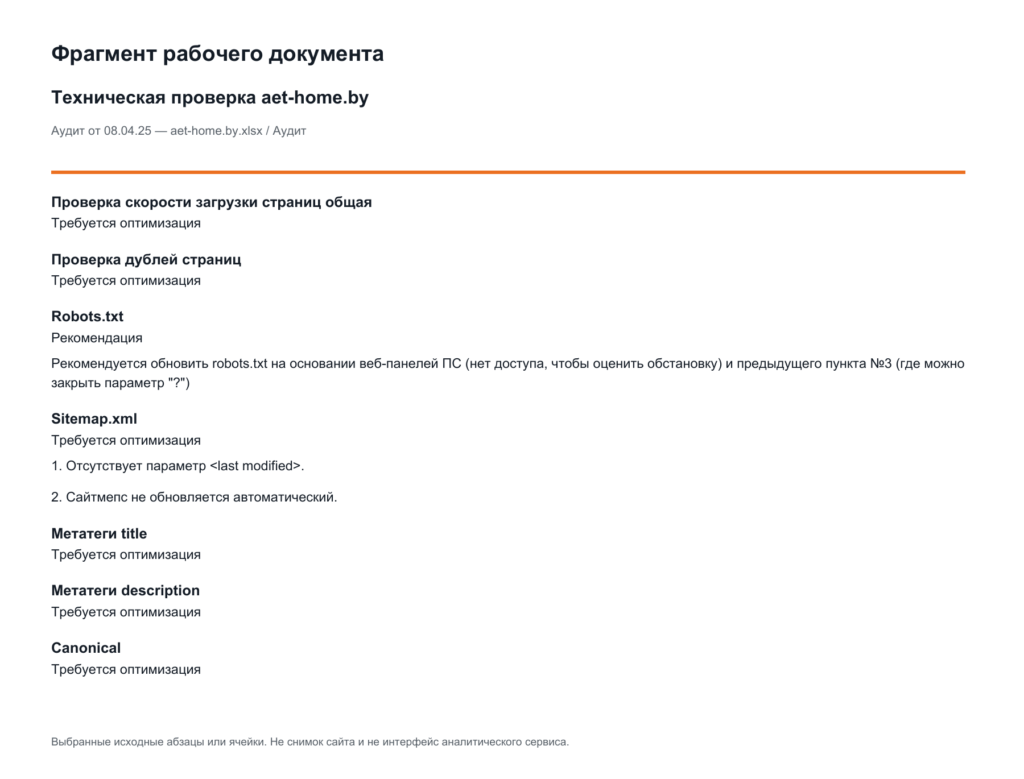 Технический аудит белорусского сайта AET HOME