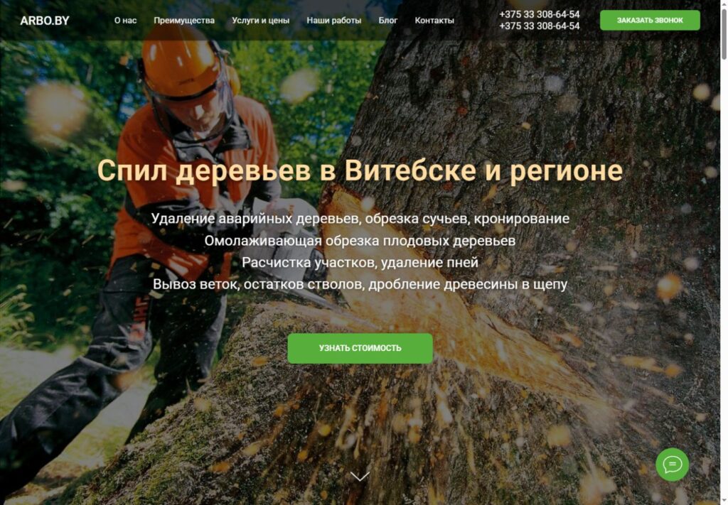 Главная действующего сайта Arbo: спил деревьев в Витебске и регионе