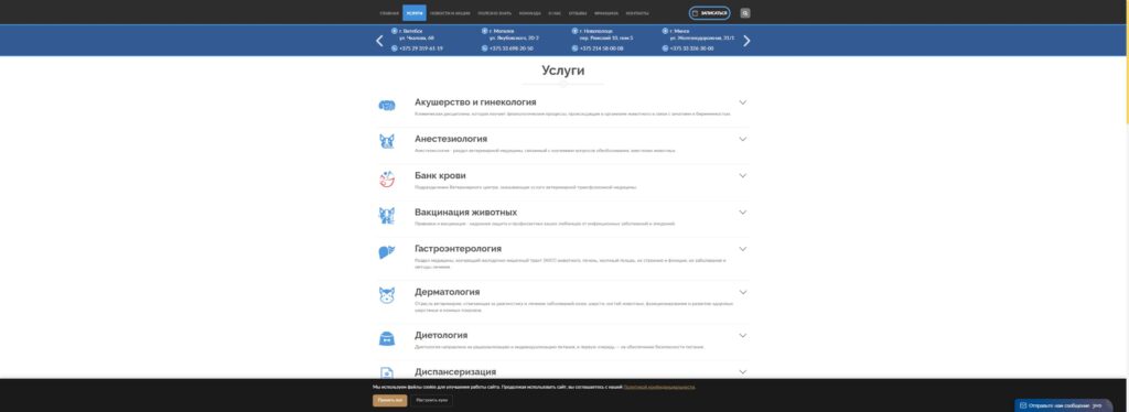 Раздел ветеринарных услуг сайта сети